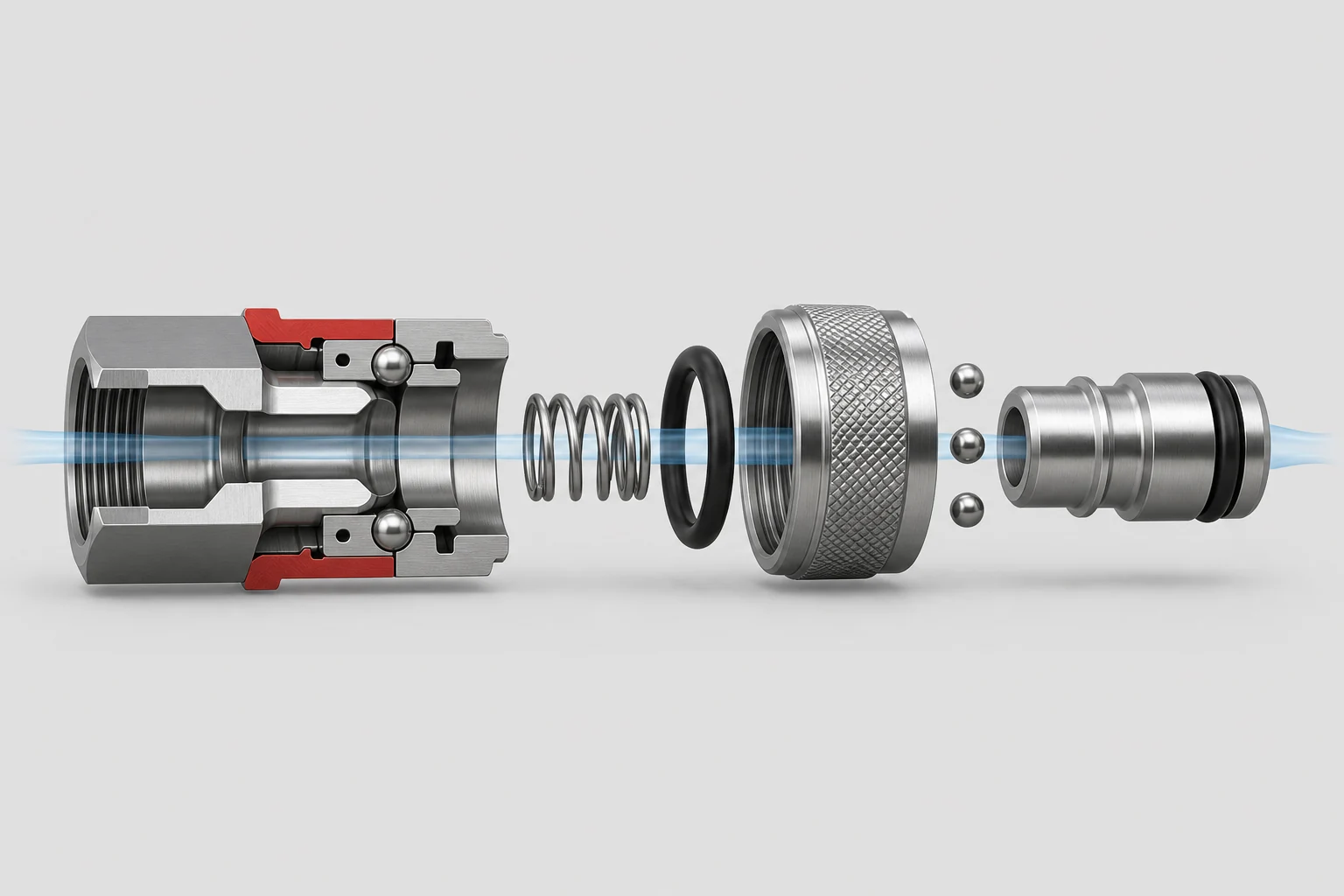 Structure illustration showing a pneumatic quick-coupling body, sleeve, spring, locking balls, and seal