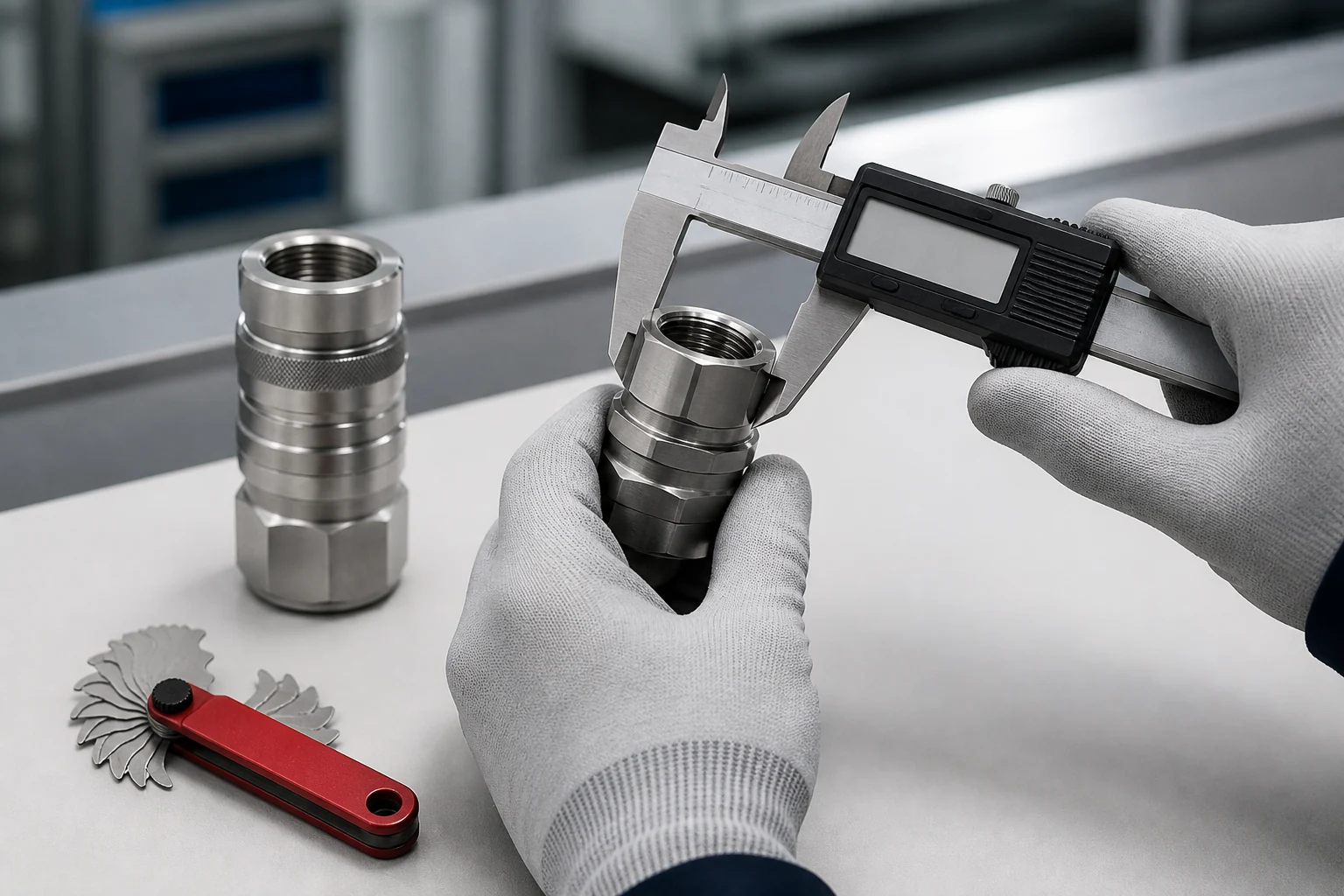 Illustration of a worker checking a metal quick coupling with measuring tools