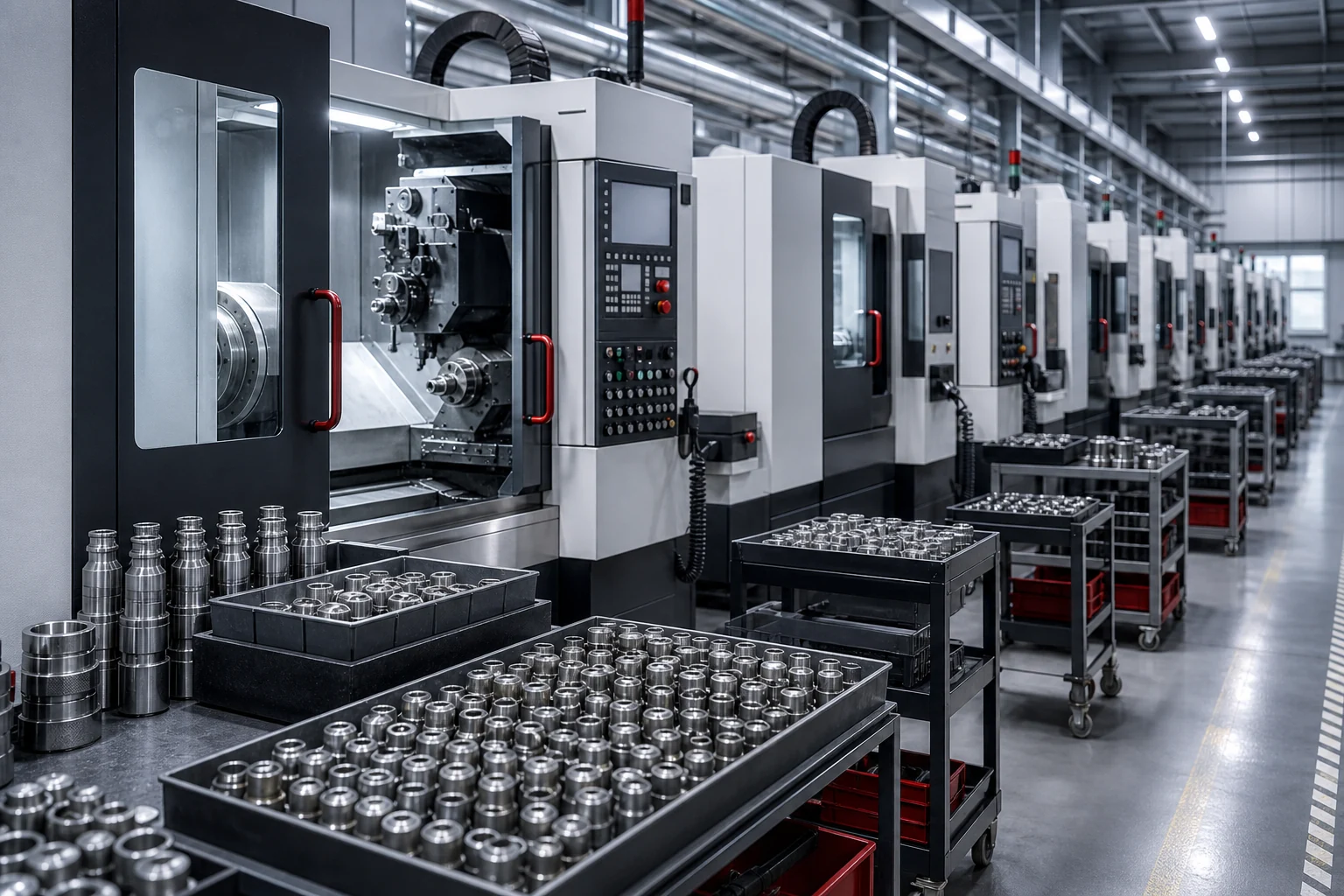Illustration of multiple machining units producing metal pneumatic coupling parts