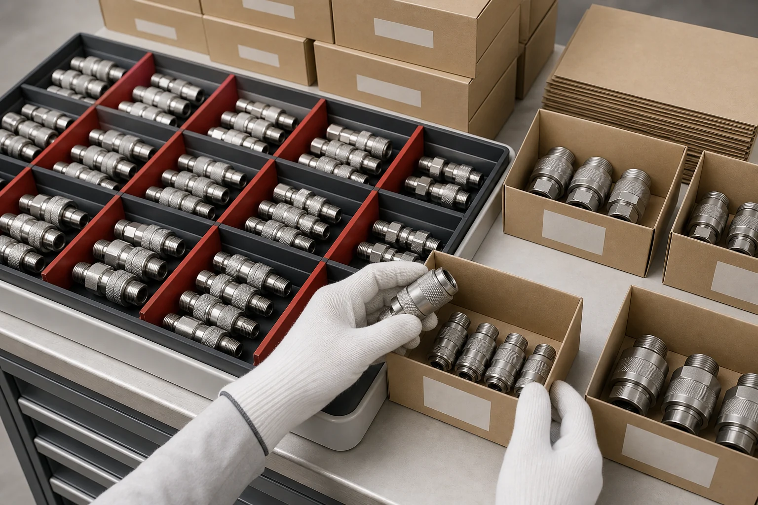 Illustration of pneumatic quick couplings being classified and reviewed for packing
