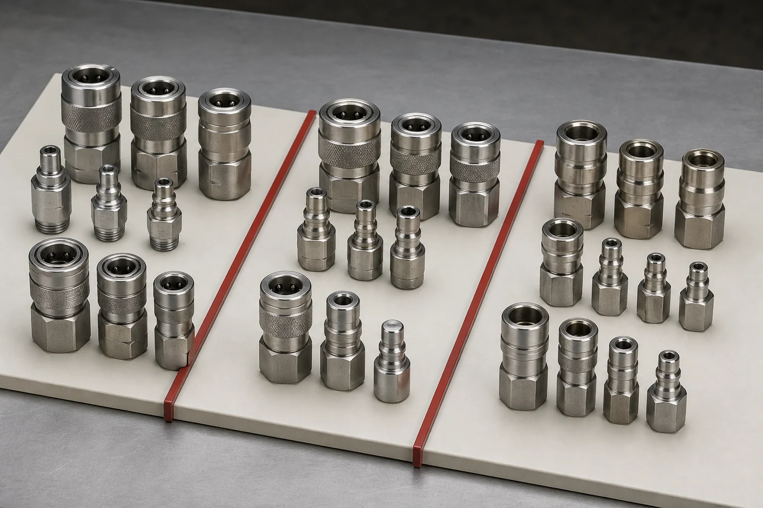 Classified display illustration of Japanese, American, and European pneumatic quick couplings