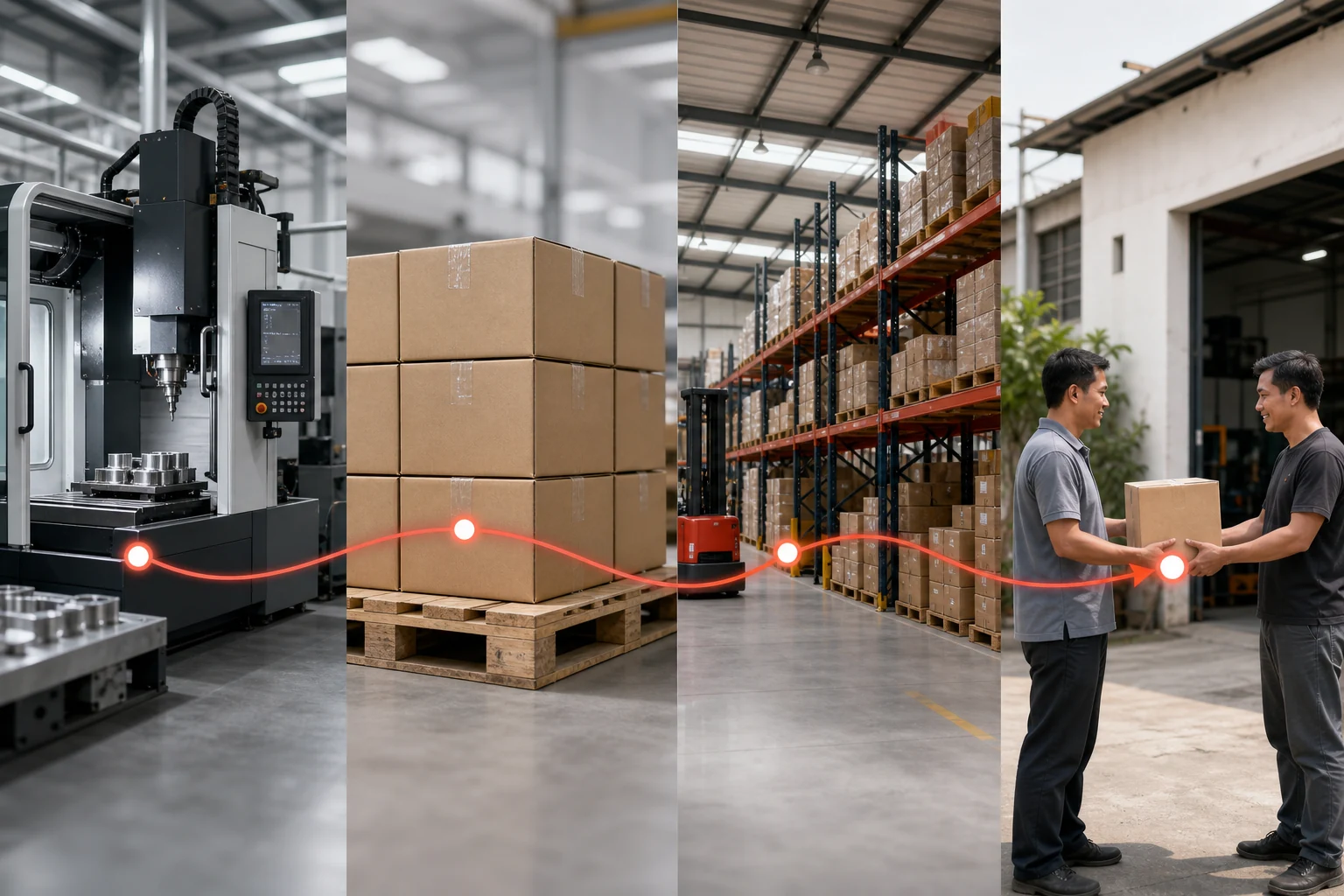 Service-flow illustration from manufacturing in China to an Indonesian warehouse and local customers