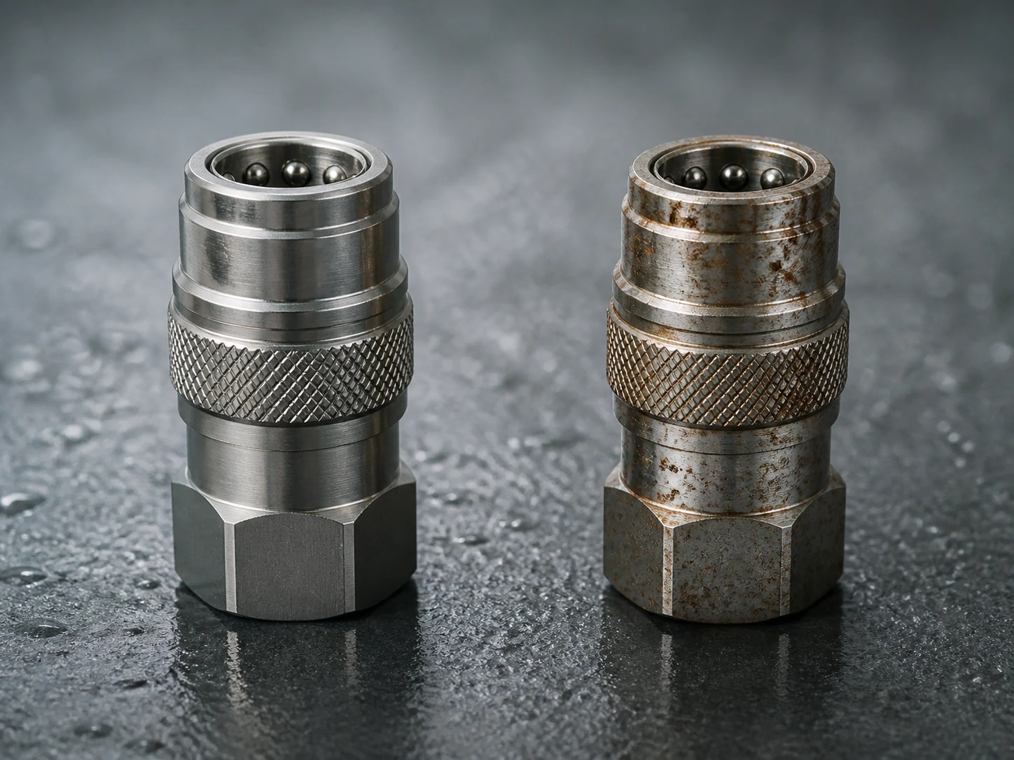 Corrosion-risk illustration for a metal quick coupling in a humid environment