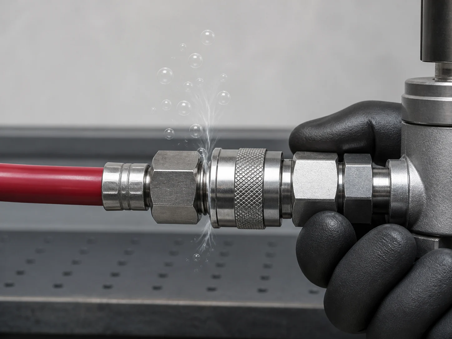 Pneumatic quick coupling undergoing a leak-check illustration