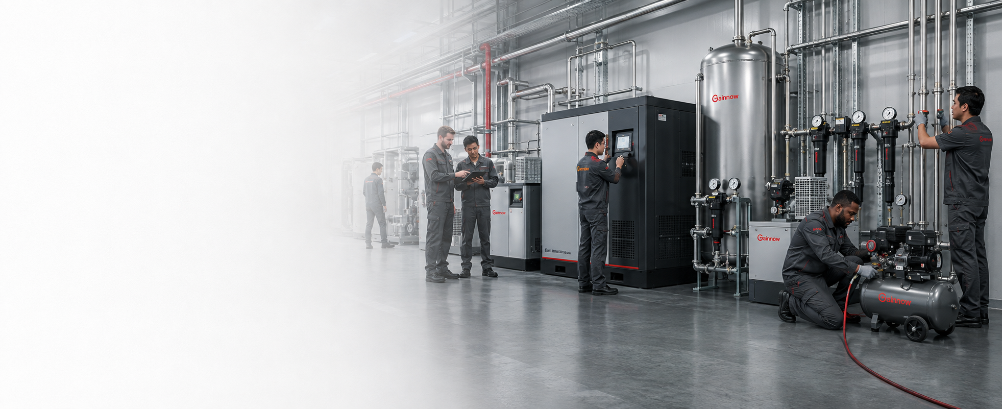 Gainnow team servicing an industrial compressed-air system